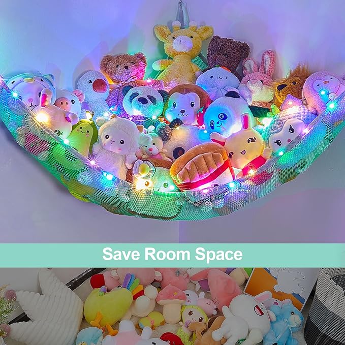 Unicorn Castle Stuffed Animals Net or Hammock Kids Toy Storage Organizer with LED Light Hanging Corner Stuffed Animals Holder Kids Girls Room Decor,Green,Large (Pack of 1)