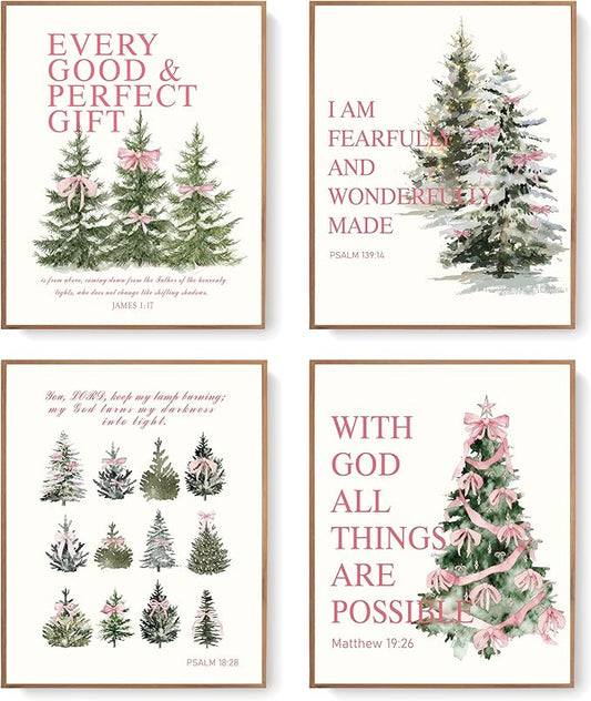 LARTSFRO Coquette Pink Bow Christmas Tree Gifts Wall Art Decor Posters, Pink Bow Christmas Christian Room Bathroom Bedroom Dorm Wall Art Decor Aesthetic for College Teen Girls Gifts, Inspirational Bible Verses Bow Wall Decor, 10x8 Inch Set of 4 Pcs Chr...