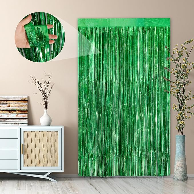 Green Party Streamers 2Pack Foil Fringe Curtains 3.3 x 8.3ft Door Streamers Metallic Tinsel Curtain New Year Party Decors Glitter Streamers Decors Photo Booth Tinsel Streamers Birthday Party Decors