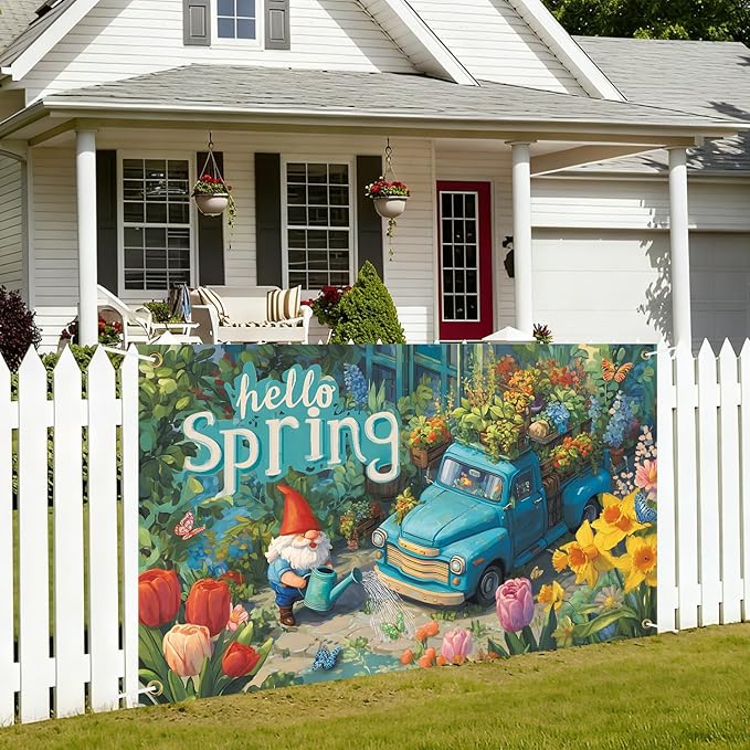 Hello Spring Backdrop 71'' x 43'' Hello Spring Banner Gnome Daisy Butterfly Backdrop Decorations for Photography Background Photo Prop Booth Party Decor