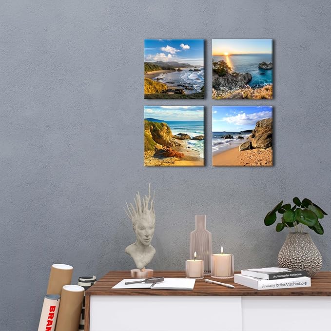 Oregon Coast Scenery Canvas Wall Art Coastal Beach Pictures for Living Room Sunset Ocean Landscape Paintings Prints Bathroom Decor Nature Seascape Artwork Bedroom Office Home Decorations 12x12" 4 Pcs