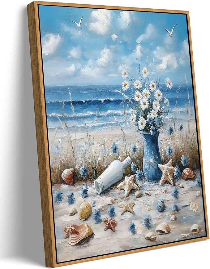Framed Blue Ocean Beach Canvas Wall Art Coast Seashell Starfish painting Decor Pictures Blue Seaside White Daisy Posters Prints for Modern Coastal Themed Home Decoration Bathroom Room Decoration