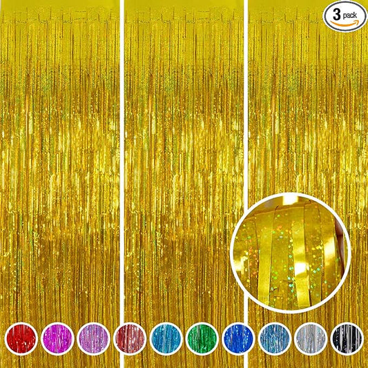 Foil Fringe Curtains st Patricks Day Decorations - Melsan 3 Pack 3.2 x 8.2 ft Gold Tinsel Curtain Party Photo Backdrop for Birthday Party Happy Retirement Baby Shower or Graduation