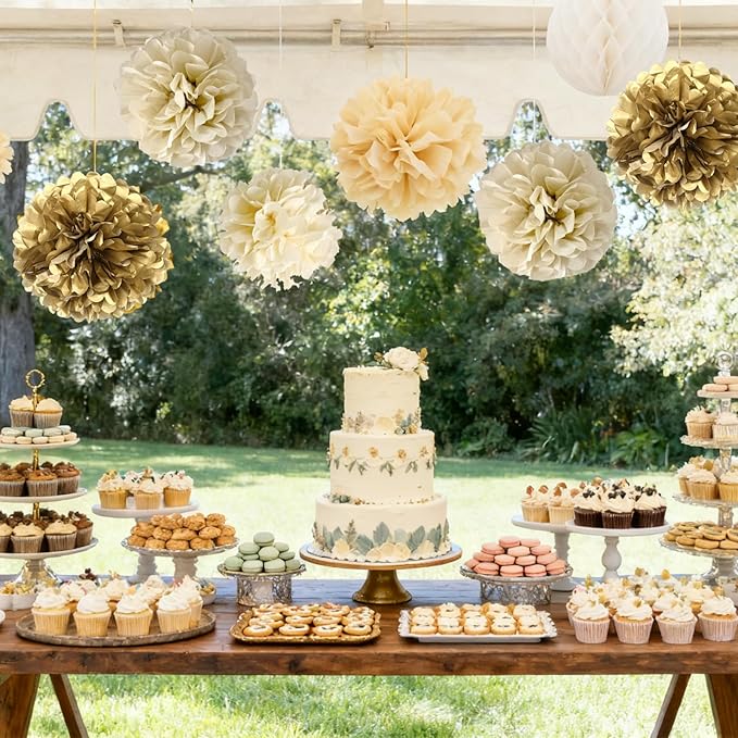 Gold Champagne Gold and Ivory Paper Pom Poms for Wedding Birthday Gold Party Decoration - Ceiling Wall Hanging Tissue Flowers - 12pcs 3 Colors of 12 Inch 10 Inch 8 Inch