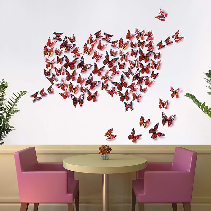 24pcs 3D Vivid Special Man-Made Lively Butterfly Wall Stickers Removable Butterflies Wall Decals 3D Nursery Art Decor for Kids Girls Bedroom Living Room Classroom Party Decoration Red