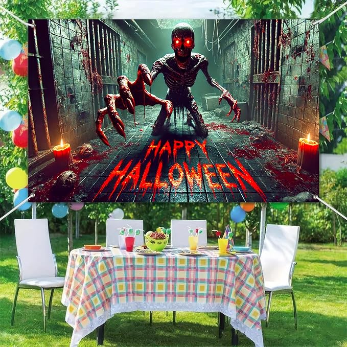 Halloween Horror Backdrop 71x43 Inch Bloody Monster Wall Banner Crawling Skeleton Decoration for Haunted House Scary Prison Hallway Decor Party Indoor Outdoor Display