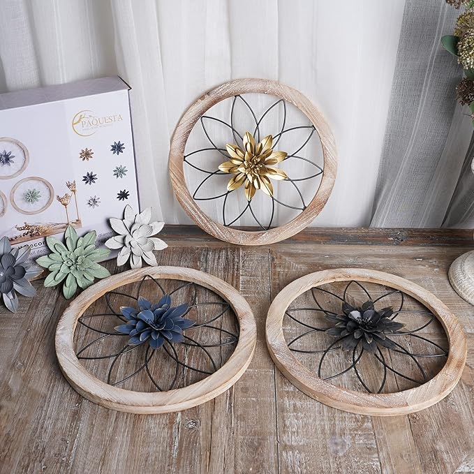 Paquesta 3 Piece Round Farmhouse Wall Decor with 6 Piece Interchangeable Flowers 15.75'' Medallion Wood & Metal Rustic Wall Art for Living Room Bedroom Kitchen Bathroom Dining Room Home Decorations (large black wheel)