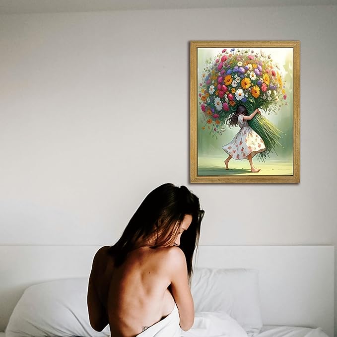 Wood Framed Pink Wildflower Canvas Wall Art, Girl Hugging Flowers Poster Prints Paintings, Teen Girls Preppy Bedroom Decor, Green Room laesthetic Picture for Kids Room Hallway Living Room 16x24 Inch