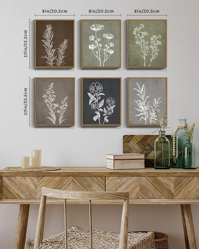 Drsoum Vintage Botanical Wall Art Framed Boho Wall Decor Wooded Minimalist Plant Print Modern Rustic Farmhouse Home Kitchen 8x10inx6pcs