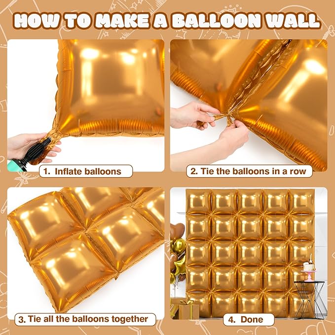 NISOCY Thanksgiving Fall Balloons 25PCS Brown Square Foil Balloons Wall Backdrop Double Sided Balloon Tunnel Arch Kit for Birthday Baby Bridal Shower Wedding Graduation Anniversary Party Decorations