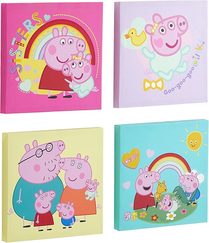 Peppa Pig 4 Piece Wall Art Set,Kids Room Décor, Nursery & Playroom Decoration, Cartoon Character Canvas Prints,Each 11"x11"