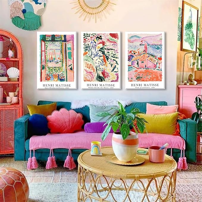 LYPHNX Framed Henri Mattise Canvas Wall Art Colorful Abstract Prints Poster Set of 3 Vintage Aesthetic Painting Picuter Floral Botanical Home Decor for LIving Room Bedroom Girls Room 12"x16"