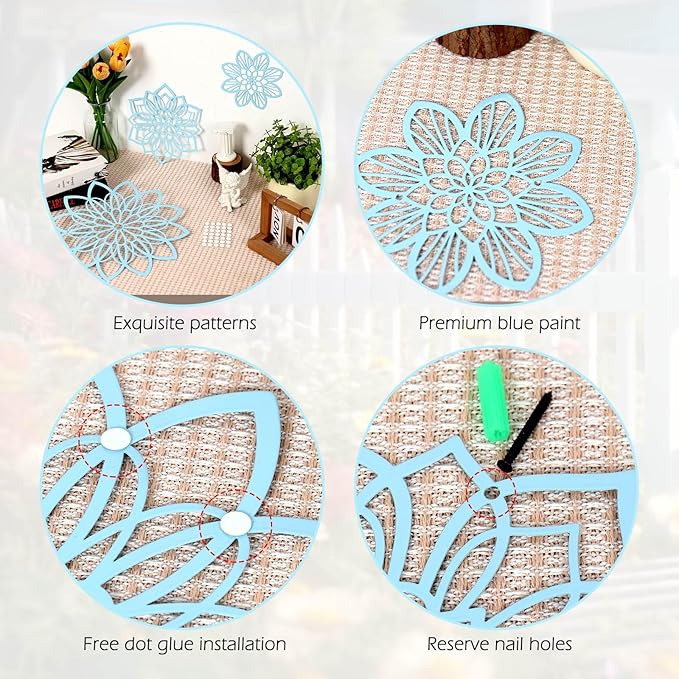 Zzbakress 3 Pieces Metal Flowers Wall Decor, Black Wall Decors Metal, Flower Art Wall Decor Farmhouse Wall Decorations Multiple Flowers Hanging Decor for Bathroom Living Room Home Kitchen Garden Office (Blue Elegant)