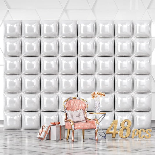 NISOCY 48PCS White Square Foil Balloons Wall Backdrop Double Sided Pearl White Balloons Tunnel Arch Kit for Birthday Wedding Engagement Bridal Baby Shower Party Decoration