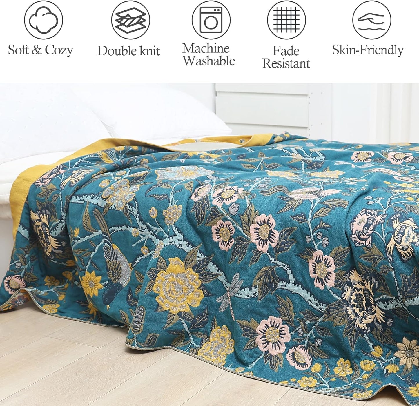 Snycler Boho Throw Blanket for Bed - 100% Cotton Ultra Soft Rustic Quilt Blanket Green Bird Floral Printed Farmhouse Decor Bed Blankets, 60"×80" All Season Rustic Throw for Sofa Couch Chair