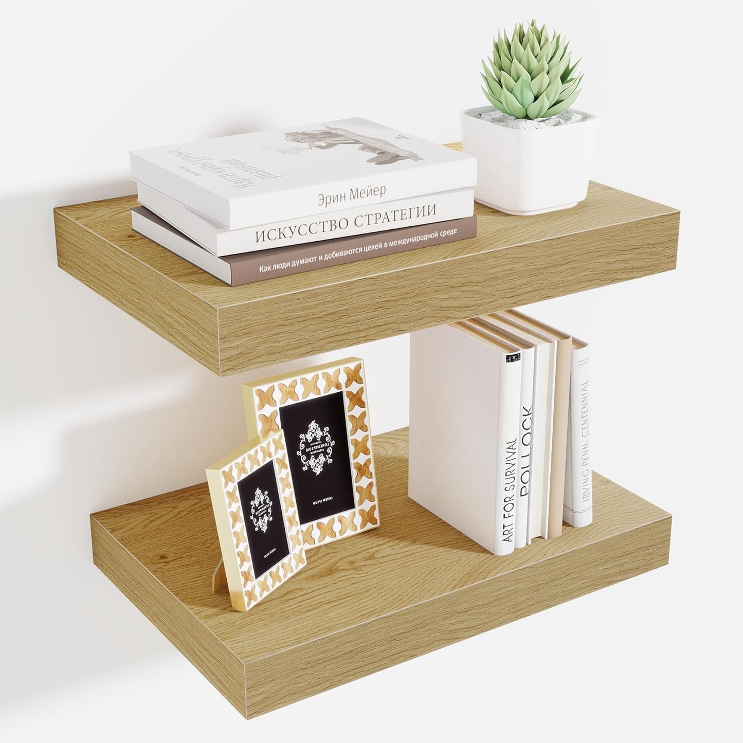 Fun Memories Floating Shelves for Wall - 10 x 16 Floating Shelf - Rustic Wood Storage Shelf - Wall Shelves with Invisible Bracket - 16" Bookshelves for Living Room & Bedroom - Oak - Set of 2