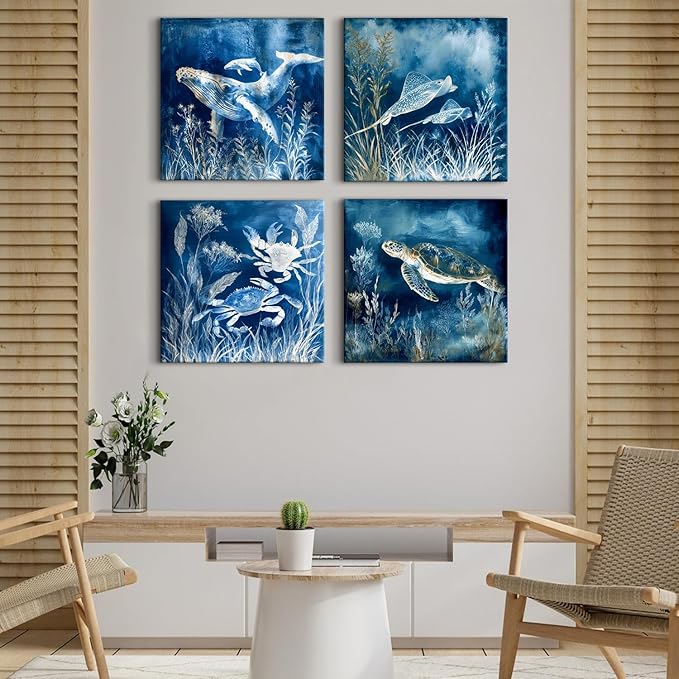 Sea Turtle Wall Art Ocean Wall Decor Navy Blue Coastal Living Room Sea Life Animals Canvas Pictures Whale Turtle Crab Posters Nautical Posters Artwork for Living Room Beach Home Decorations 20x20”
