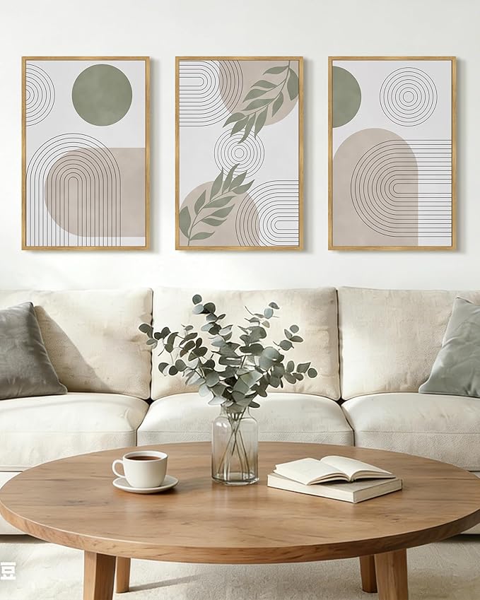 Drsoum Green Botanical Boho Wall Art Framed Modern Bohemian Sage Wall Decor Abstract Geometry Lines Prints Ready to Hang 16x24in Natural Framed