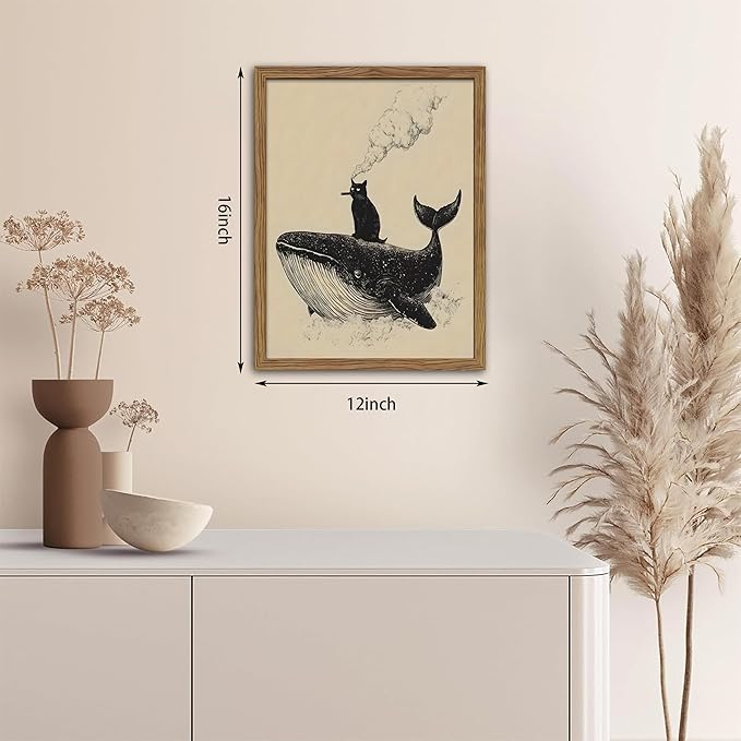 Framed Cat Wall Art, Funny Black Cat Riding a Whale Canvas, Vintage Abstract Oil Painting, Country Home Room Wall Decor, Humorous Pictures Artwork Prints for Living Room Bedroom – 12x16 inch