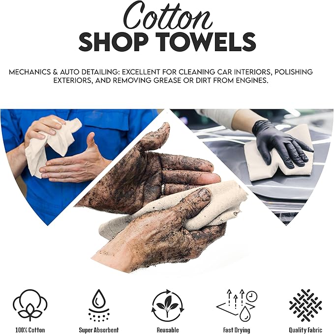 Cotton Shop Towel – Multipurpose Cleaning Cloths (14" x 12" - Pack of 100 - White) Reusable Shop Rags for Automobiles, Industrial, Restaurants, Garage, and Homes