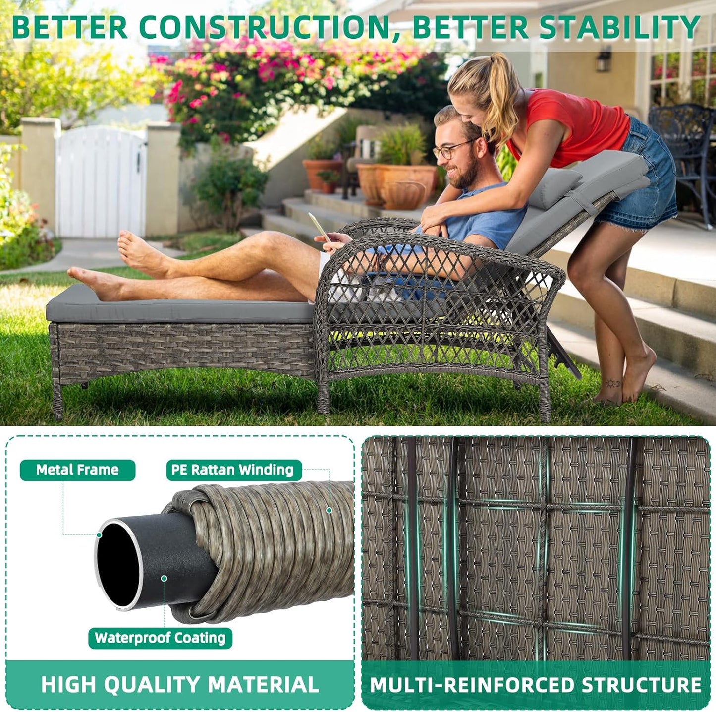 VIVIJASON Outdoor Wicker Chaise Lounge Chair, All-Weather PE Rattan Cushioned Patio Lounger Chair, 6-Position Adjustable Pool Sunbathing Recliner with Armrest & Pillow for Poolside Deck Yard, Gray