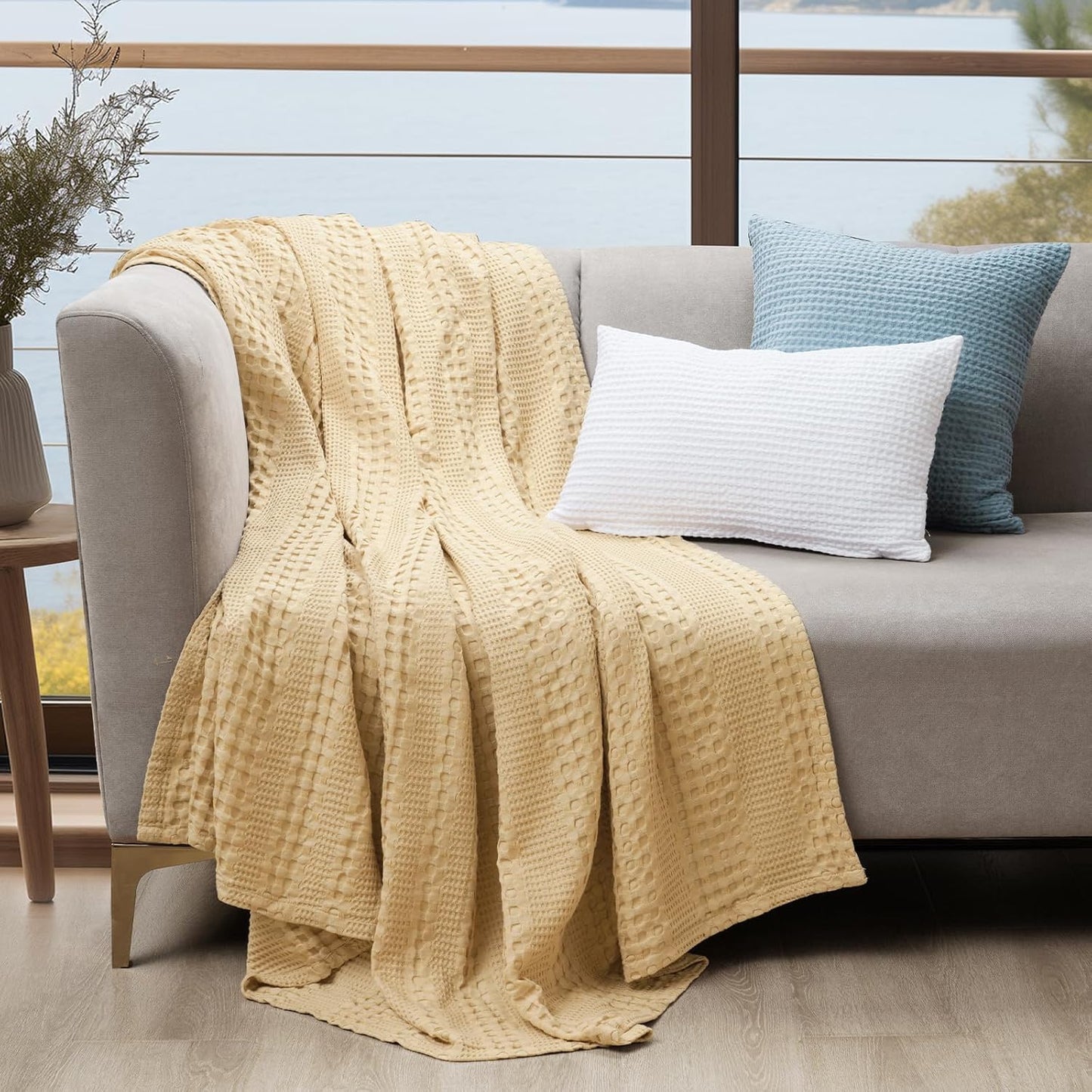 PHF Cooling Waffle Blanket Twin Size, Lightweight 60% Rayon Derived from Bamboo & 40% Cotton Breathable Blanket for Hot Sleepers, Soft and Luxury for Bed Couch and Sofa, 66"x90", Beige