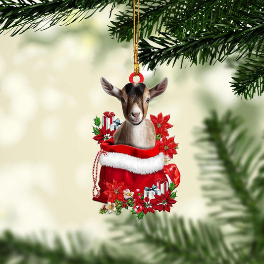 Talataca Goat 2D Flat Christmas Ornament, Goat in Red Santa Gift Bag Pine Tree Decor, Hanging House Charm Eve Keepsake, Car Rear View Mirror Accessories, Xmas Gift