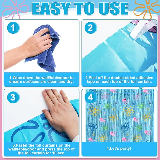4 Pack Cartoon Sponge Theme Party Decorations 3.2ft X 8.2ft Under the Sea Party Supplies Flowers Bubbles Jellyfish Foil Fringe Photo Backdrop Decor for Birthday Sponge Party Photo Props
