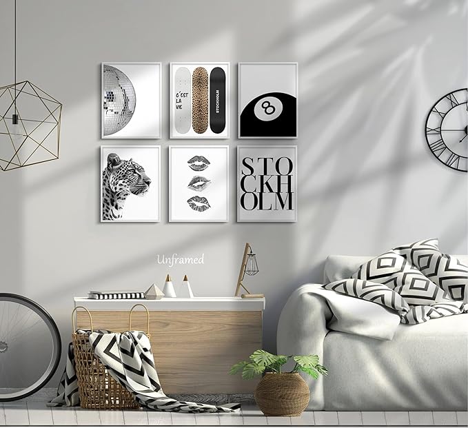 Fashion Trendy Leopard Wall Art Set of 6 Stockholm Preppy Room Painting Picture Wall Decor Black White Aesthetic Cheetah Poster Print Artwork for Girls Bedroom Dorm Apartment Home Decoration Unframed