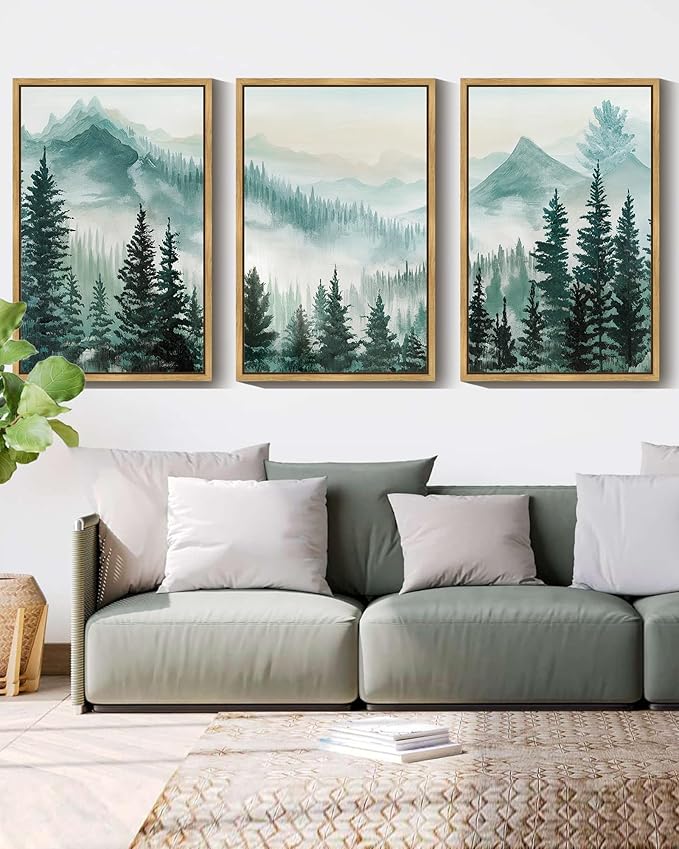 SHENIFY Fog Pine Green Tree Forest Canvas Wall Art Large 16x24in Framed Nordic Nature Modern Artwork Prints Decor - Natural Framed