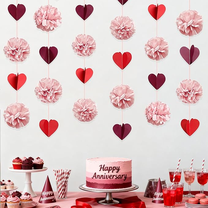 Dusty Rose Pink Party Decoration Tissue Flowers Pom Pom with Burgundy Red 3D Heart Hanging Paper Garland Banner Streamer for Valentines Day Birthday Baby Shower Wedding Bridal Shower Party Supplies