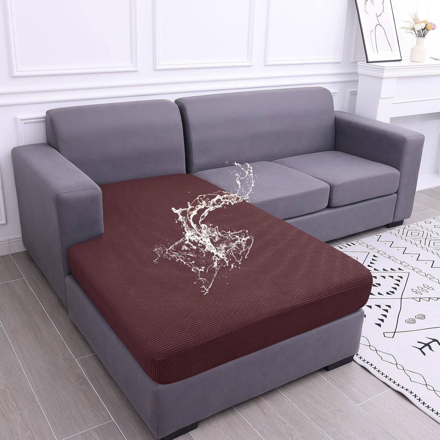 hyha Waterproof Sectional Couch Covers, Non Slip Sofa Couch Cushion Covers L Shape, Thick Stretch Jacquard Fabric, Washable Sofa Slipcovers with Elastic Bottom (1 Piece for Chaise XL, Chocolate)