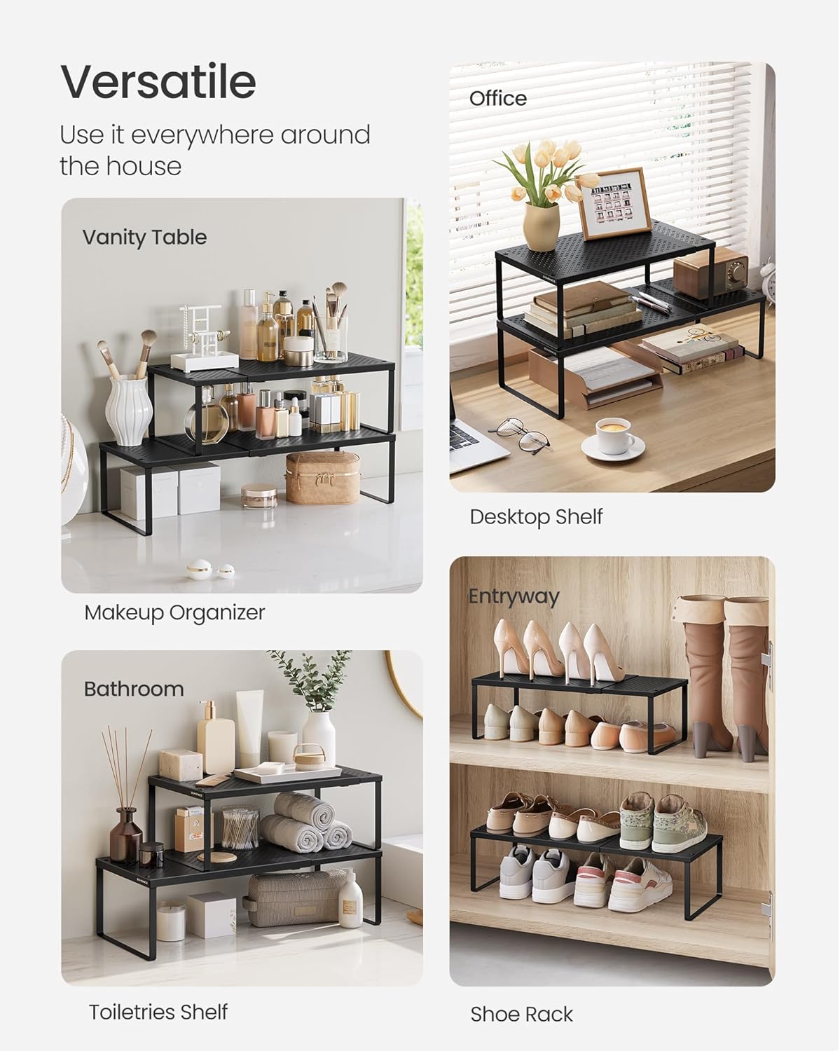SONGMICS Spice Racks, Set of 2 Expandable Kitchen Countertop Shelves, Small Cupboard Organizers, Metal, Space-Saving Tabletop Shelves, Matte Black UKCS402B01