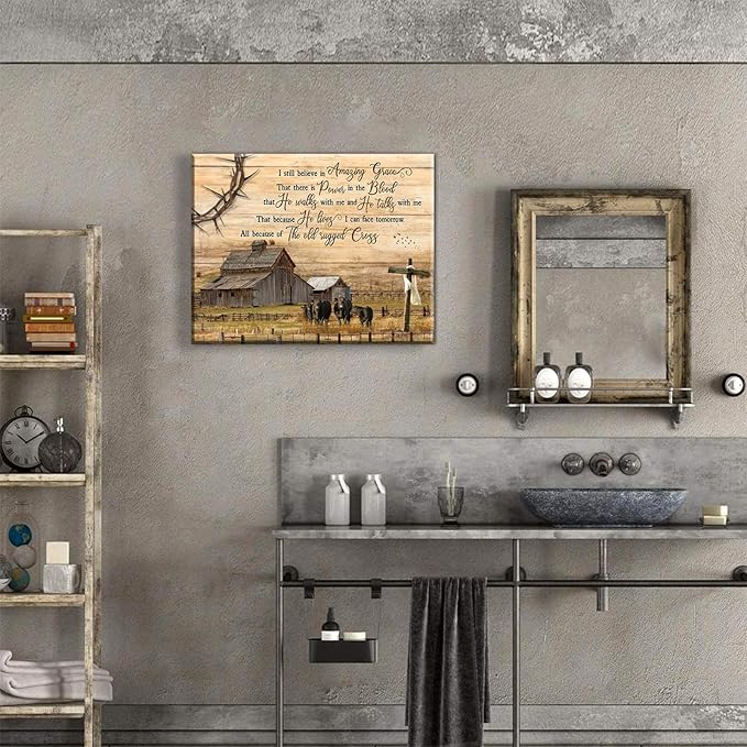 Vintage Farmhouse Wall Art Old Barn Wall Decor Cross Canvas Christian Inspirational Quotes Painting Pictures I Still Believe in Amazing Grace Poster Print for Living Room Bedroom (24x16in Canvas)