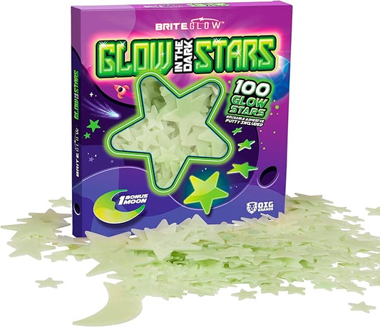 OIG Brands 100 PK Green Glow in The Dark Stars for Ceiling Easter Basket Stuffers for Kids - Star Brite Plastic Glow Stars with Moon & Putty Ages 4,5,6,7,8,9,10,11,12 for Bedroom Space Night Light