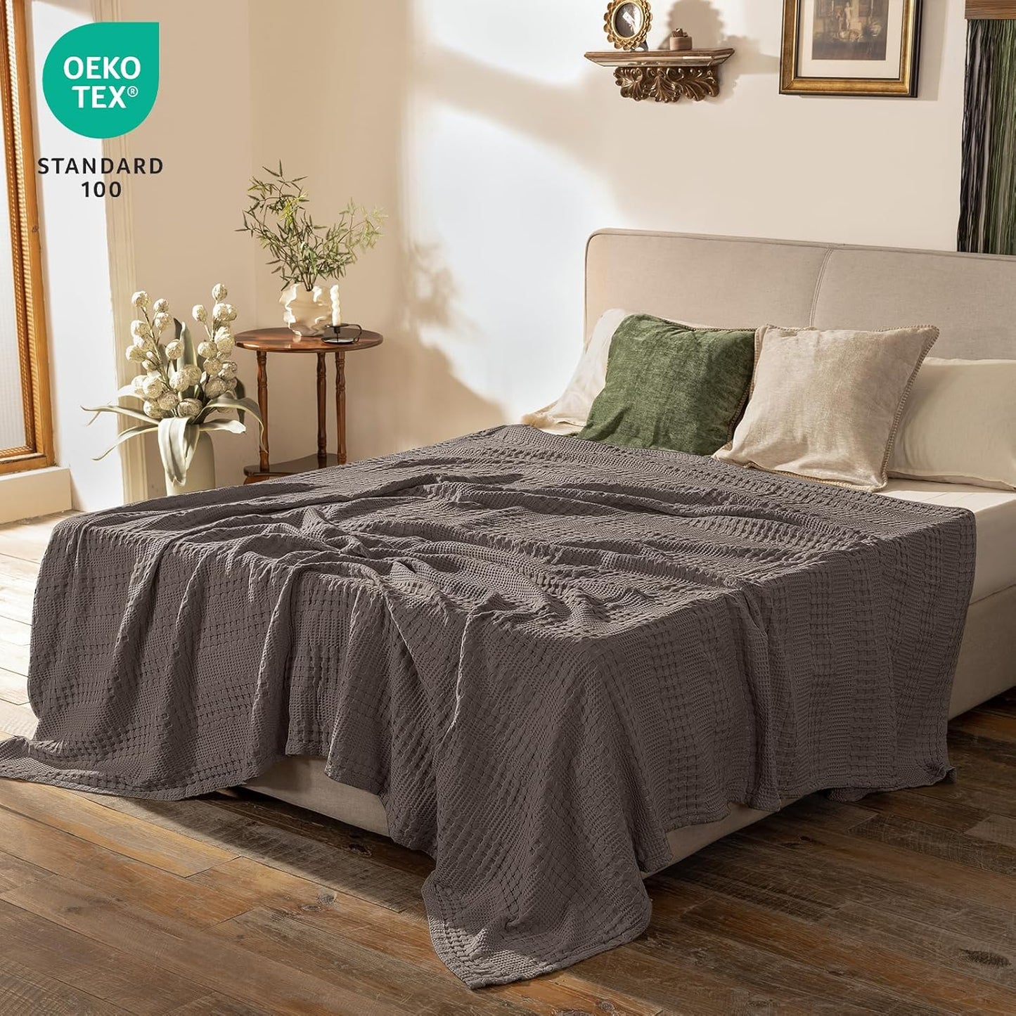 PHF Cooling Waffle Blanket Twin Size, Lightweight 60% Rayon Derived from Bamboo & 40% Cotton Breathable Blanket for Hot Sleepers, Soft and Luxury for Bed Couch and Sofa, 66"x90", Dark Grey