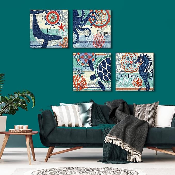 4 Panel Teal Blue Home Wall Art Decor Framed Artwork for Bathroom Living Room Canvas Print Beach Coastal Sea Turtle Octopus Seahorse Whale Pictures Posters Bedroom Decoration 20 x 20 / Piece Set