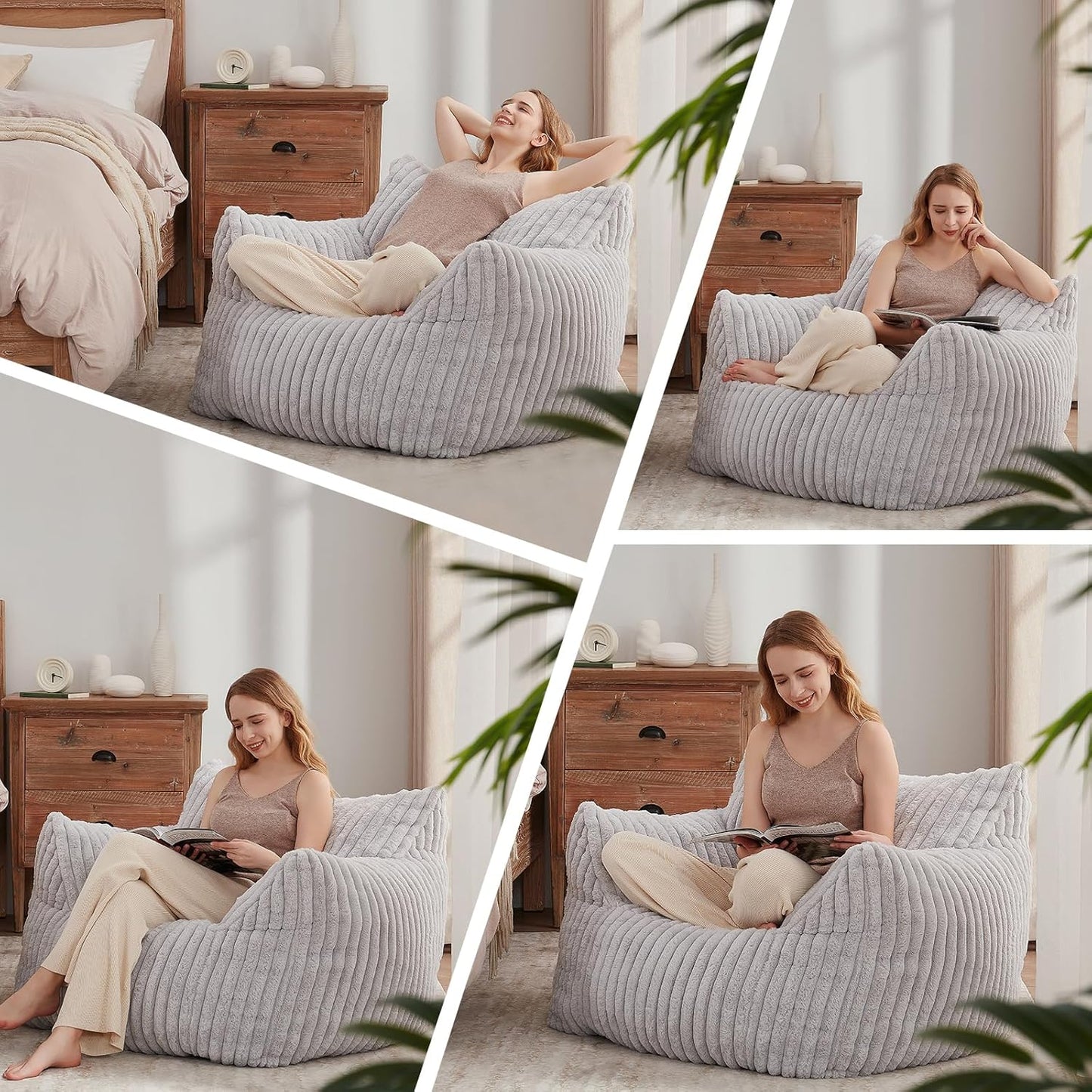 Giant Bean Bag Chairs for Adults Teens, Large Bean Bag Sofa Chairs with Filling Comfy Fuzzy BeanBag Chair with Armrests for Bedroom Living Room Reading (Light Gray, Large)
