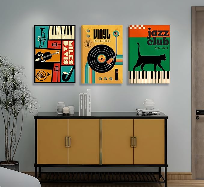 Framed 3pcs Retro Jazz Music Wall Art Vintage Vinyl Records Paintings Musical Instruments Black Cat on Piano Canvas Prints Poster for Living Room Bedroom Music Room Decoration