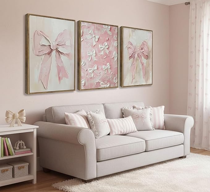 Framed 3D Textured 3Pcs Trendy Pink Bow Canvas Wall Art Vintage Cute Preppy Watercolor Bow Painting Pictures Wall Decor Posters Prints Girly Aesthetic for College Apartment Bedroom Decoration