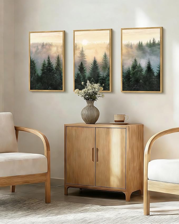 Drsoum Green Fog Pine Tree Landscape Wall Art Framed Nature Misty Nordic Forests Prints Morden Farmhouse Rustic Artwork Hallway Bedroom Ready to Hang 16x24in Natural Framed