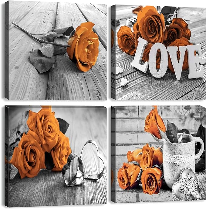Orange Wall Art Flowers Pictures Wall Decor for Living Room Vintage Rose Paintings Bathroom Decor Rustic Farmhouse Floral Themed Canvas Posters Modern Artworks Kitchen Home Decorations 12x12” 4Pcs