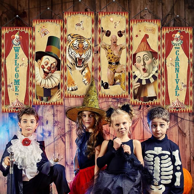 Tiamon 6 Pcs Vintage Christmas Halloween Carnival Porch Banners Retro Santa Clown Stretching Portraits Wall Decorations Gothic Porch Sign Backdrop for Xmas Indoor Outdoor Hanging Decor (Circus)