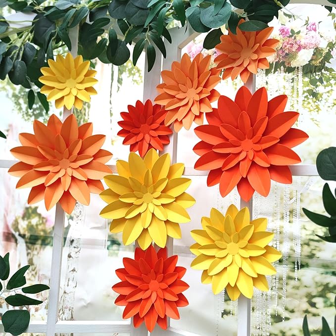 Orange Flower (9 inch-6 inch) for Fall Autumn Thanksgiving Harvest Party Wall Wedding Backdrop Bridal Shower Centerpieces Home Wall Decor Pack of 9
