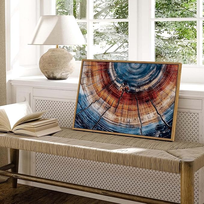 BingruiArt Framed Tree Ring Wall Art Blue and Red Boho Wall Decor Nature Print Wood Canvas Rustic Artwork Abstract Painting Modern Picture for Living Room Bedroom Bathroom 16"x24" Natural Framed(01)