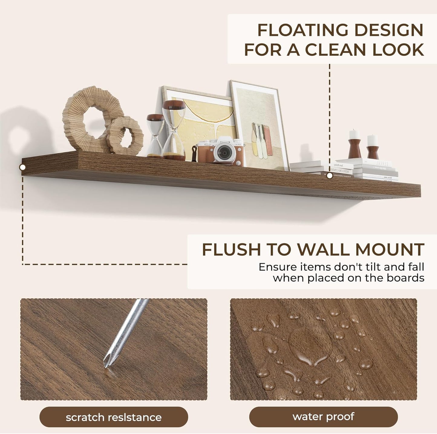 RICHFOCUS 72Inch Floating Shelves for Wall 1 Pack Shelves for Bedroom|Kitchen|Bathroom Wall Mounted Rustic Wood Floating Shelf with Invisible Brackets for Books|Storage|Decor, Walnut