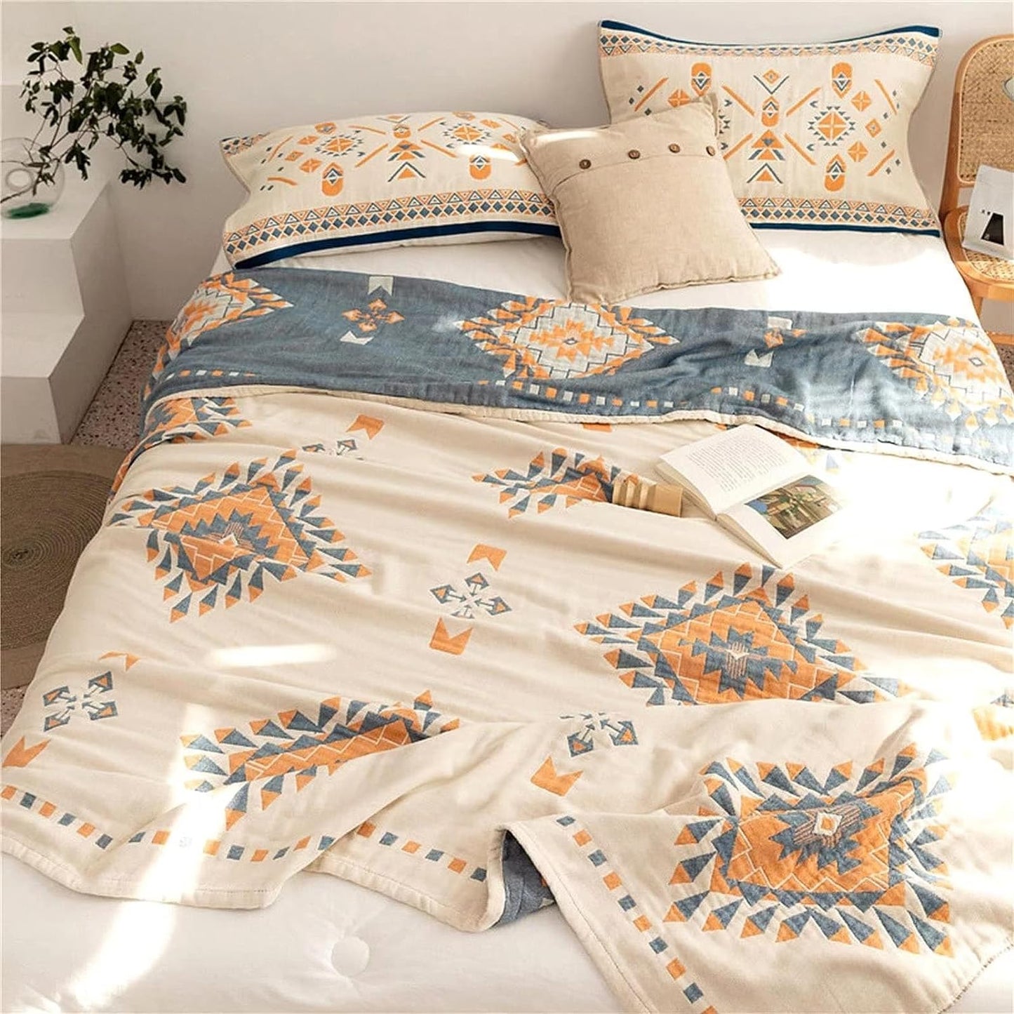 100% Cotton Throw Blankets for Couch Bed Chair Sofa,Cotton Quilt Throw Woven Boho Bed Blankets,Versatile Knit Woven Super Soft Decorative Blanket for Women,80''Wx 90''L