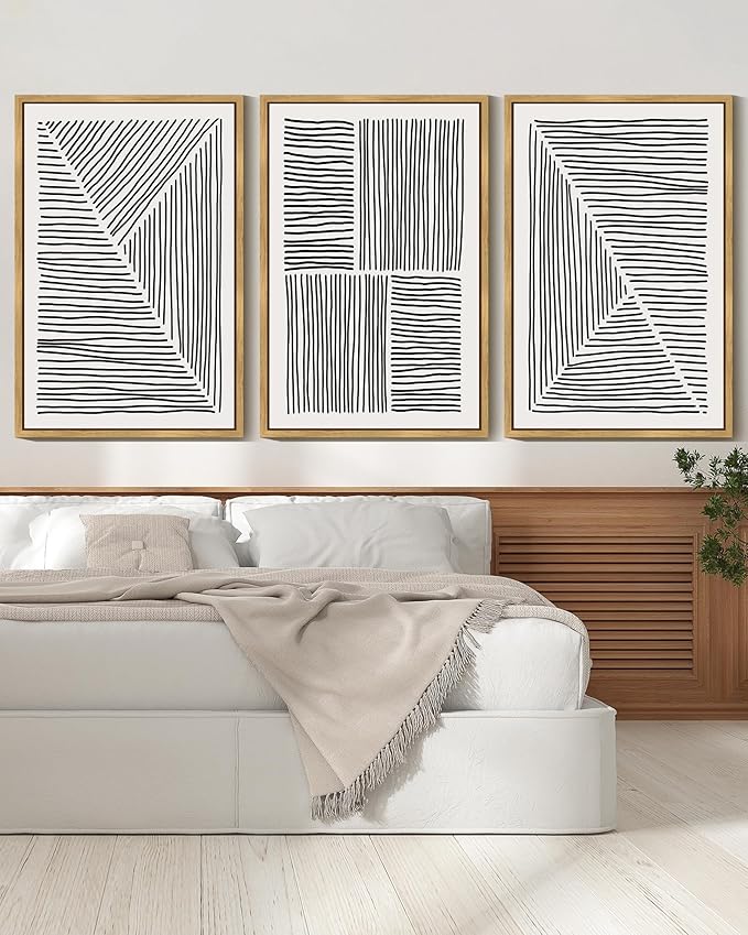 Drsoum Mid-Century Modern Framed Wall Art Large 24x36in Minimalist Abstract Boho Black Line Wall Decor Geometric Artwork Kitchen Dining Room Black Framed