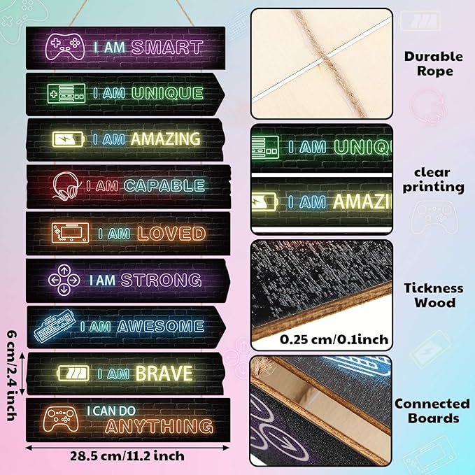 Chunful Set of 9 Boys Room Bedroom Decor Boys Inspirational Wall Decor Wood Hanging Plaque Motivational Kids Bedroom Wall Sign for Kids Teenage Toddler(Game)