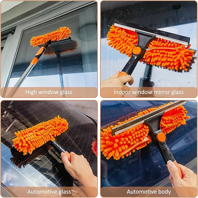 2 in 1 Window Washing Squeegee & Duster with 2 Pad Compatible with Standard 3/4 Inch Threaded Poles for Home Indoor Outdoor Window Washing/Duster Head Only (Orange)